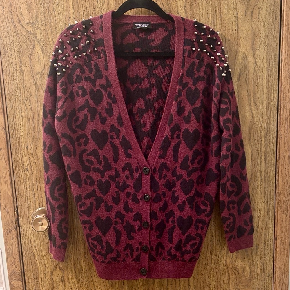 Topshop Burgundy Heart Pattern Cardigan
